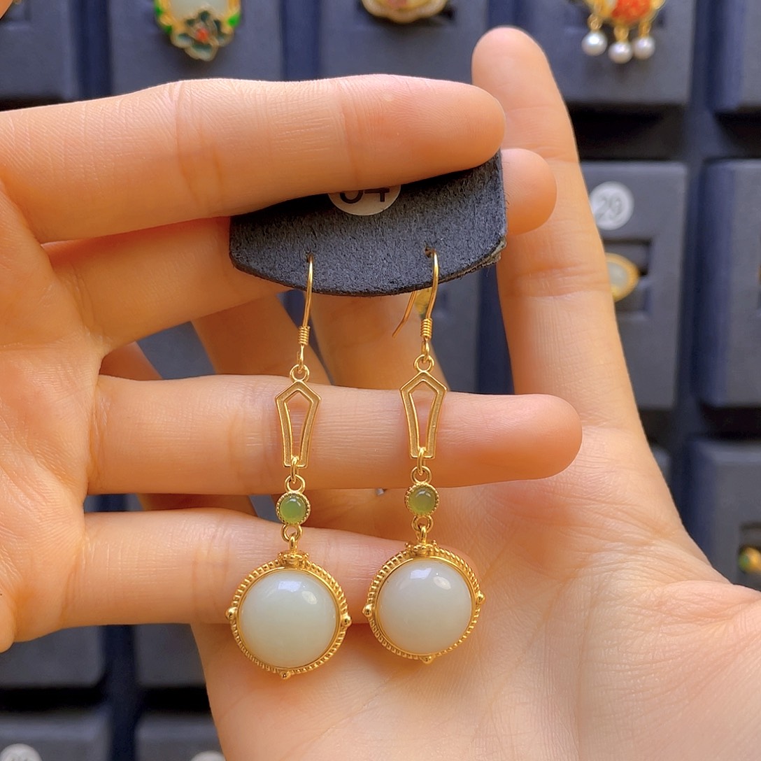 和田玉耳饰银S925镀金镶嵌