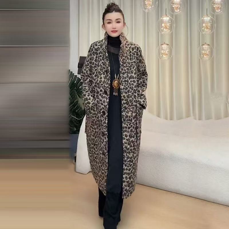 1164（安言服饰）新款时尚豹纹气质加厚保暖毛呢外套中长款冬季