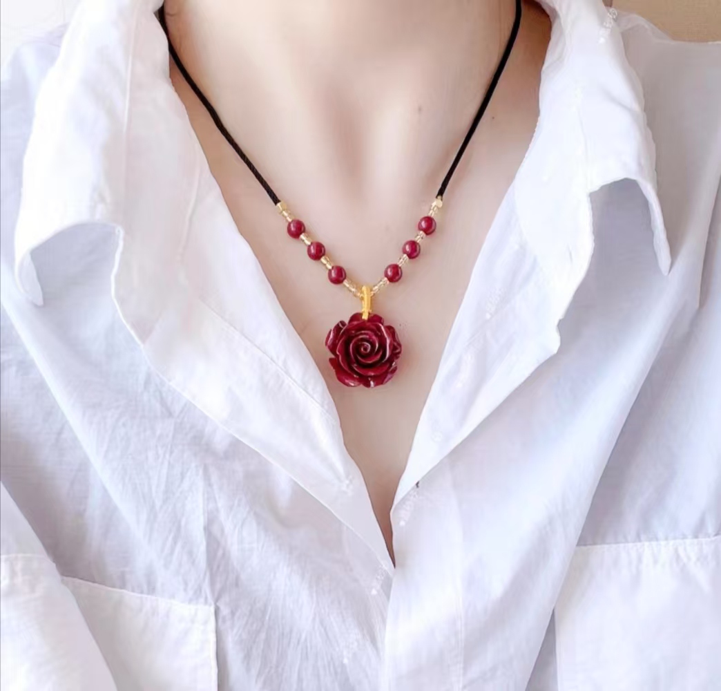含辰砂工艺品朱砂紫金砂玫瑰花时尚项链毛衣链