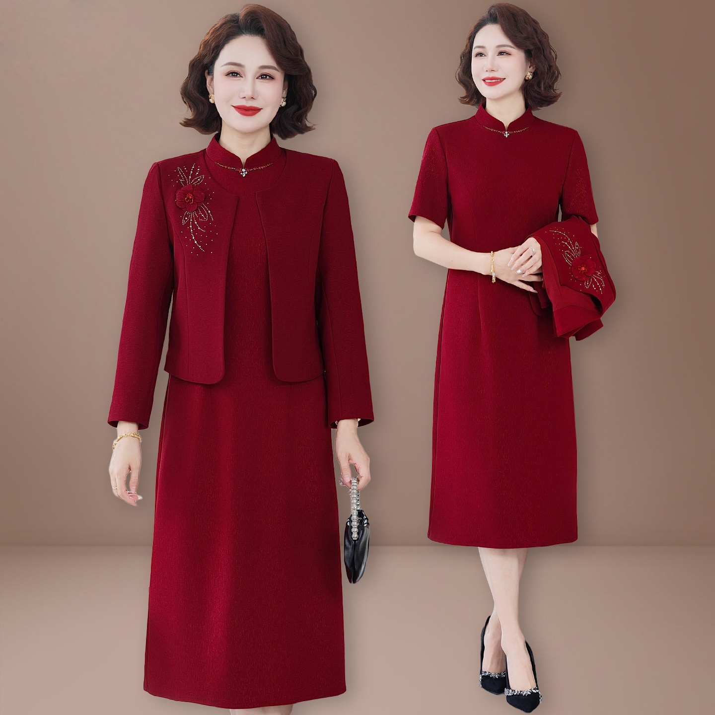 罗蒙新款妈妈秋装国风套装喜婆婆婚宴中老年秋款礼服连衣裙套装女