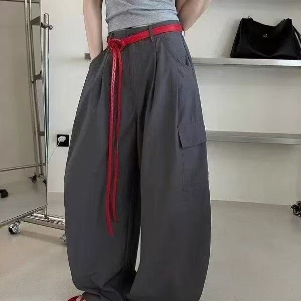 藏蓝色秋季薄款宽松百搭直筒阔腿伞兵弯刀工装裤女