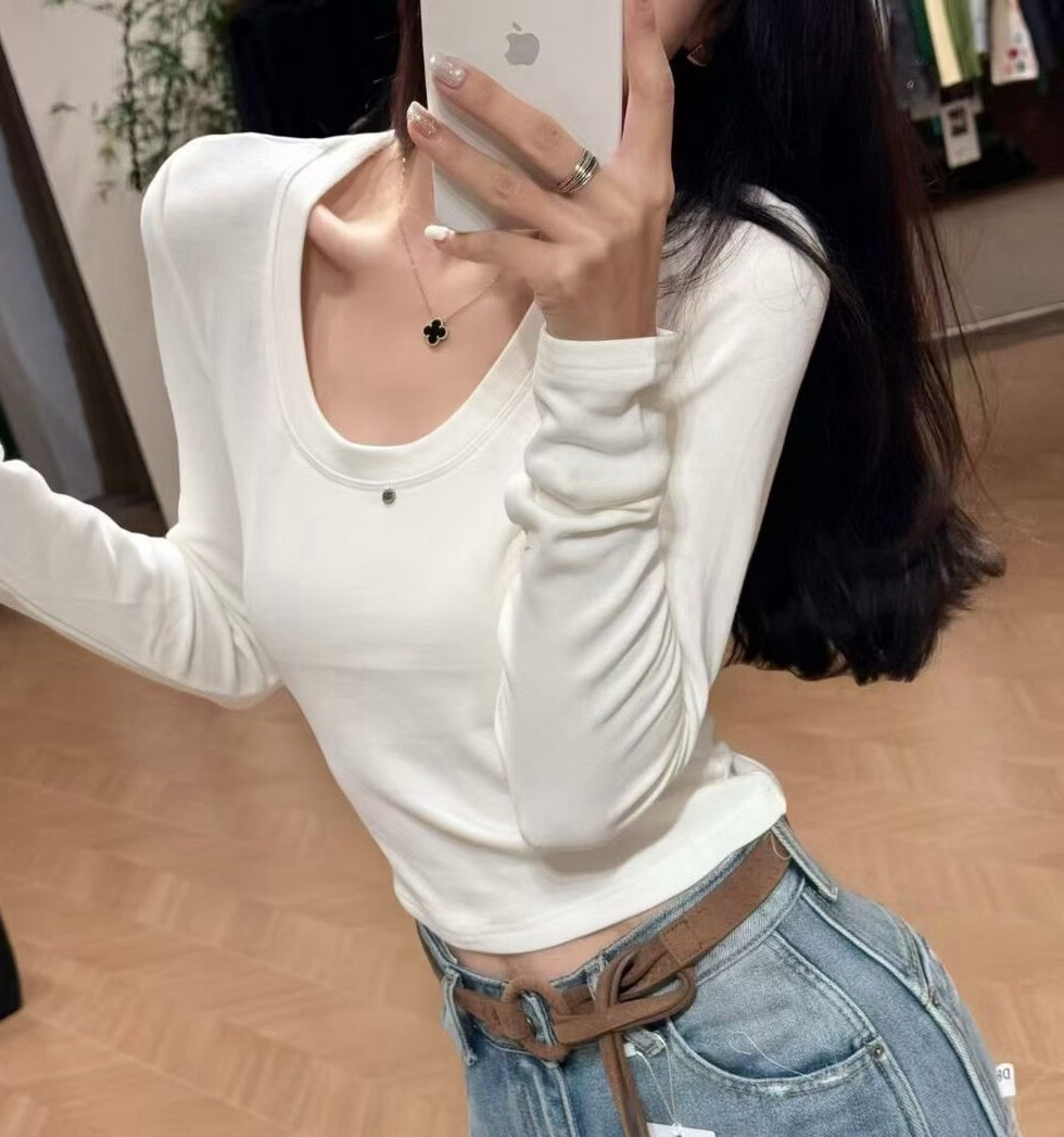 U型领修身型女长袖短款宽松型T恤百搭韩版修身ins