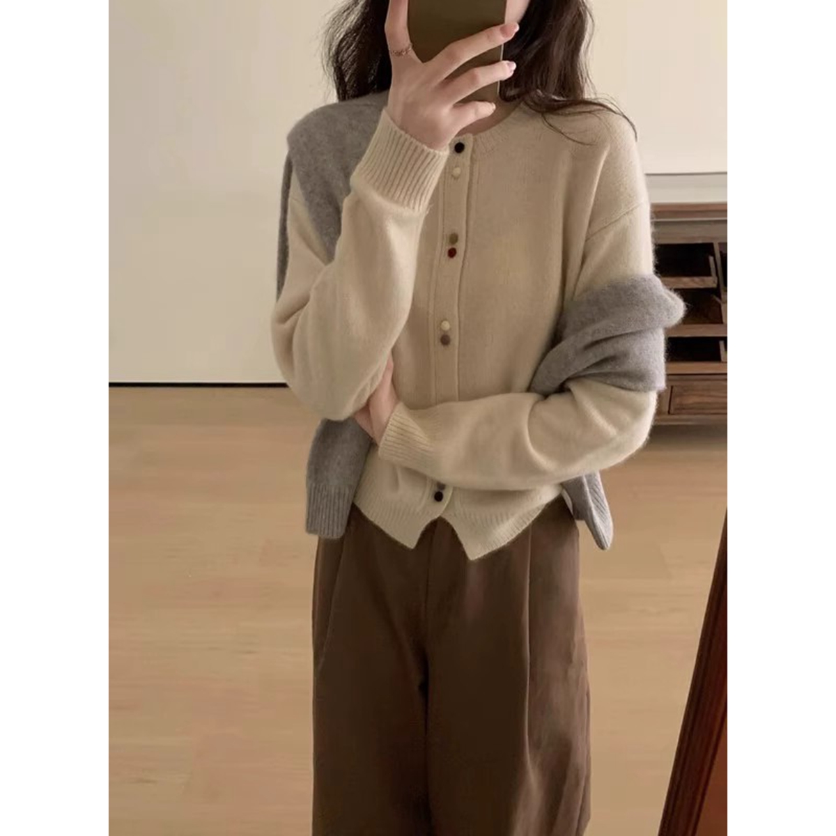 DMZZ- 1517 高级感彩色扣羊毛针织开衫内搭毛衣女秋冬羊绒打底衫