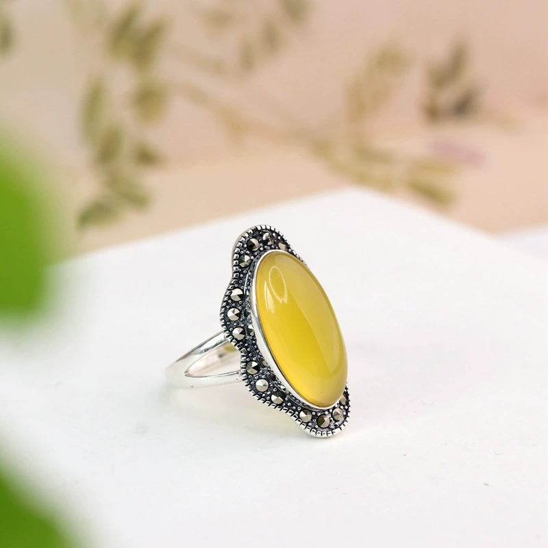 s925通体银黄玛瑙戒指女士复古做旧民族风椭圆形花边戒子