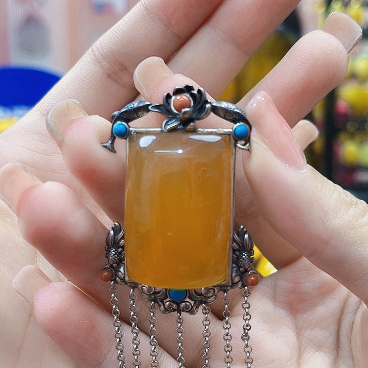 蜜蜡银S925镶嵌裸石吊坠