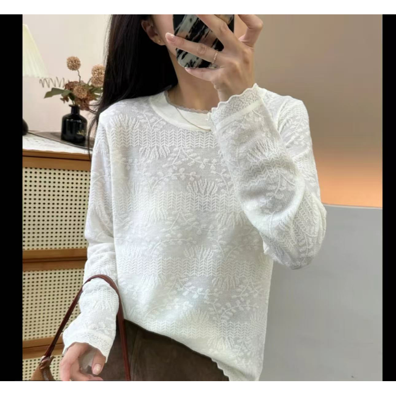 4903温柔系蕾丝花边精致树叶钩花圆领打底衫别致长袖针织衫宽松上