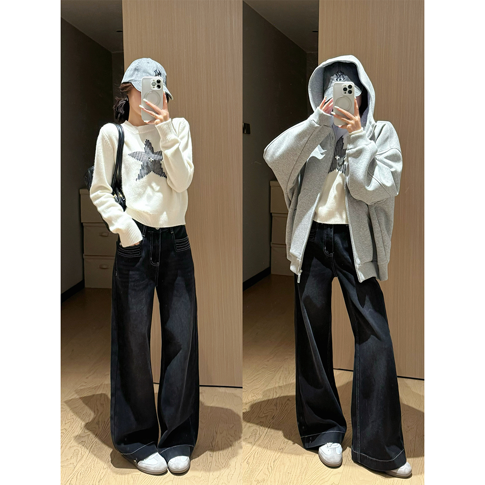 王家有鱼黑灰色窄版阔腿牛仔裤女2025秋季新款设计感百搭显瘦裤子