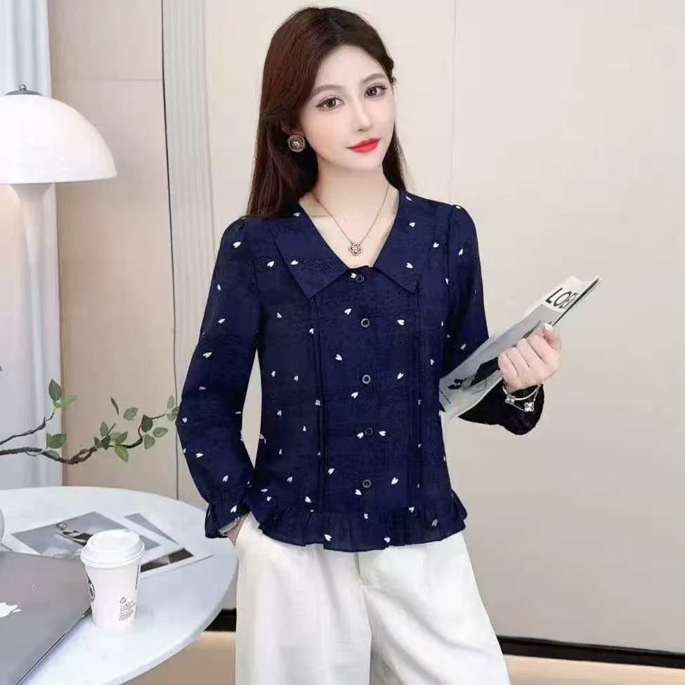 秋季新款娃娃领波点印花遮肉显瘦减龄女士长袖衬衫