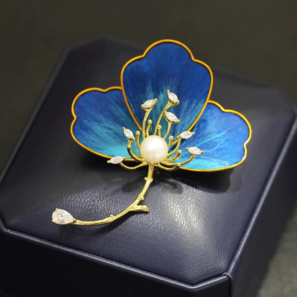 铜合金布艺胸针 古雅气质百搭非遗绒花蓝色花朵胸针5808