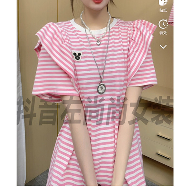 8409在逃公主2025夏季新款荷叶边显瘦遮肉圆领卡通条纹中长款T裙