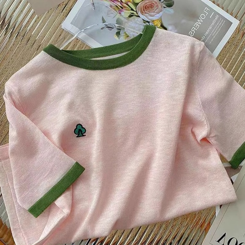 韩系简约穿搭圆领撞色时尚短袖针织衫冰丝上衣显瘦百搭正肩T恤