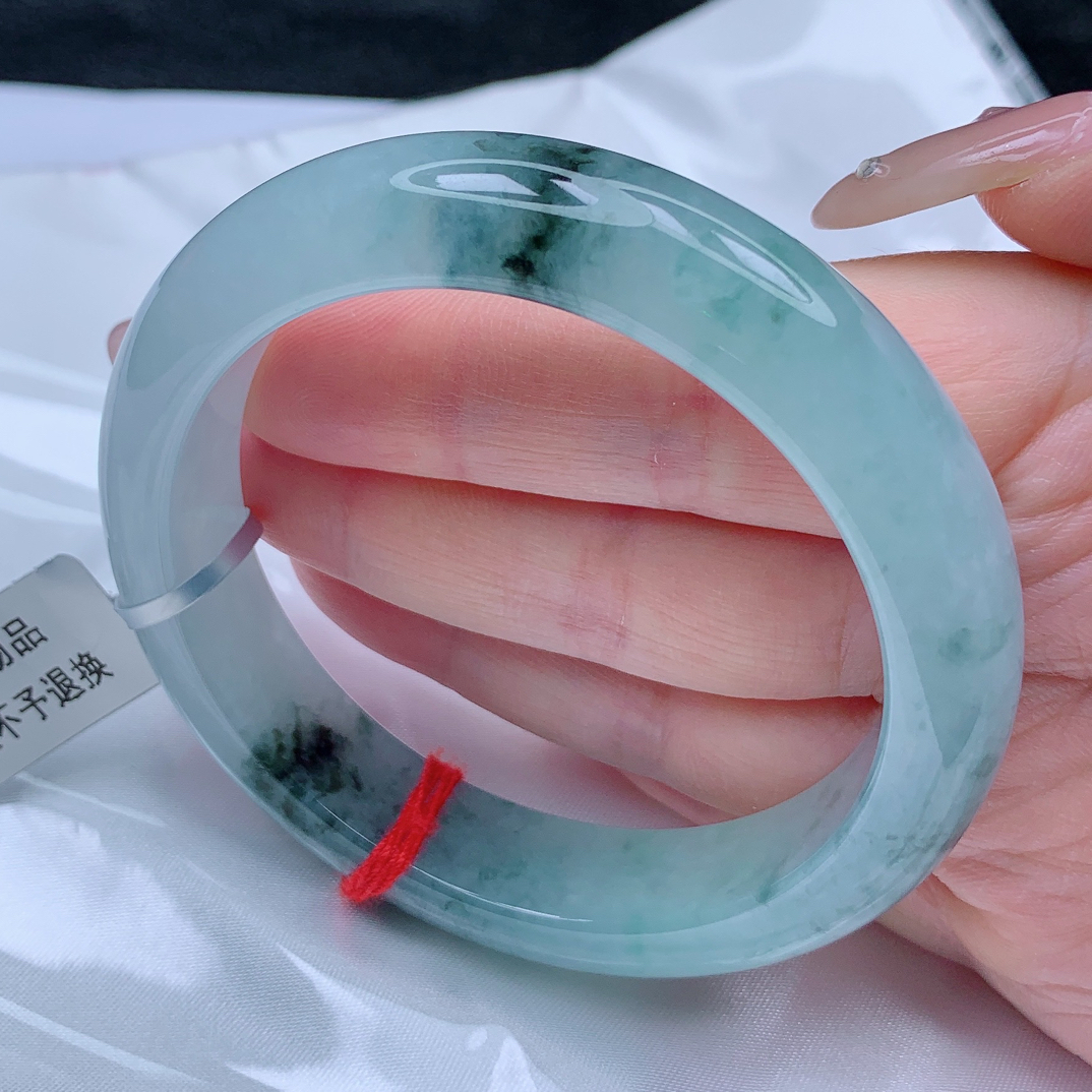 正品缅甸天然A货翡翠糯冰种版型厚庄水墨画飘花意镜十足56圈