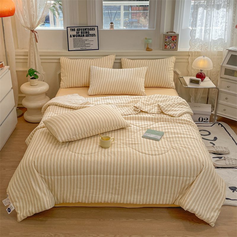 【晴美】A类水洗条格夏被四件套-芝士条纹+云初黄