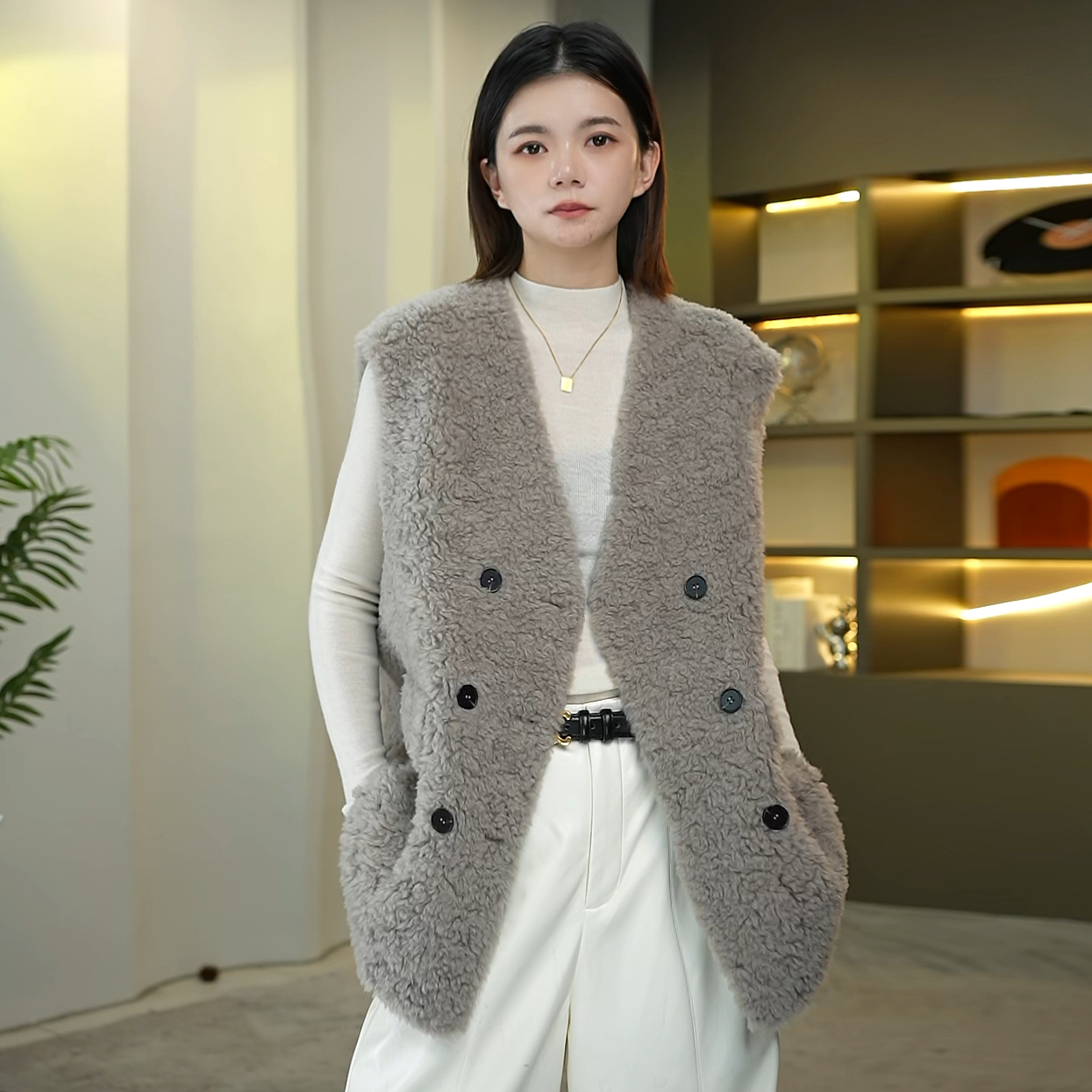 厚款秋冬时尚中长款显瘦遮肉羊毛颗粒毛马甲气质百搭女装轻奢外套