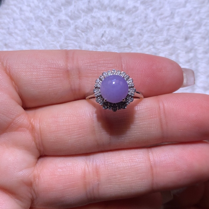 翡翠戒指18K金镶嵌甜*?冰红紫戒指