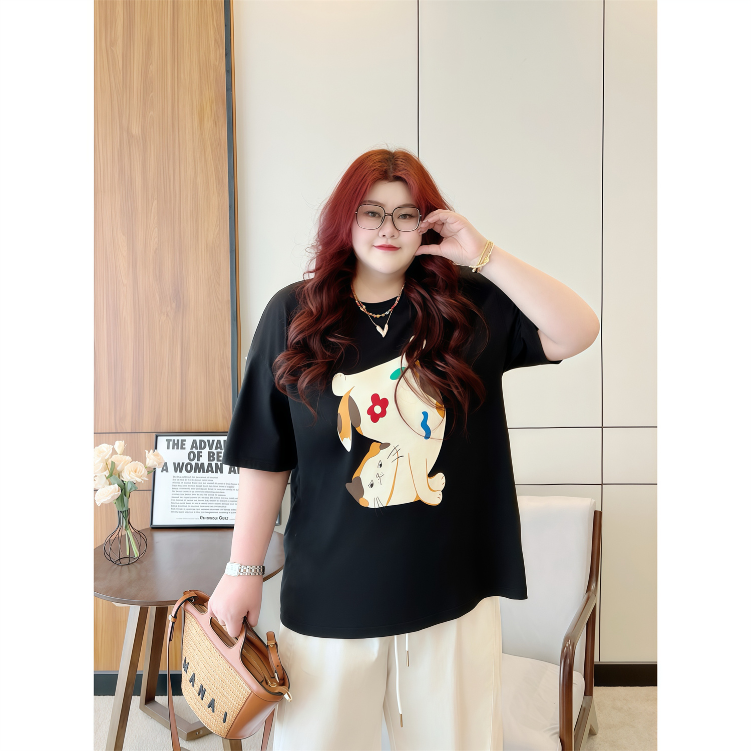 纽约霓虹 / 敲可爱印花俏皮风短袖T恤14917花契大码胖mm200斤