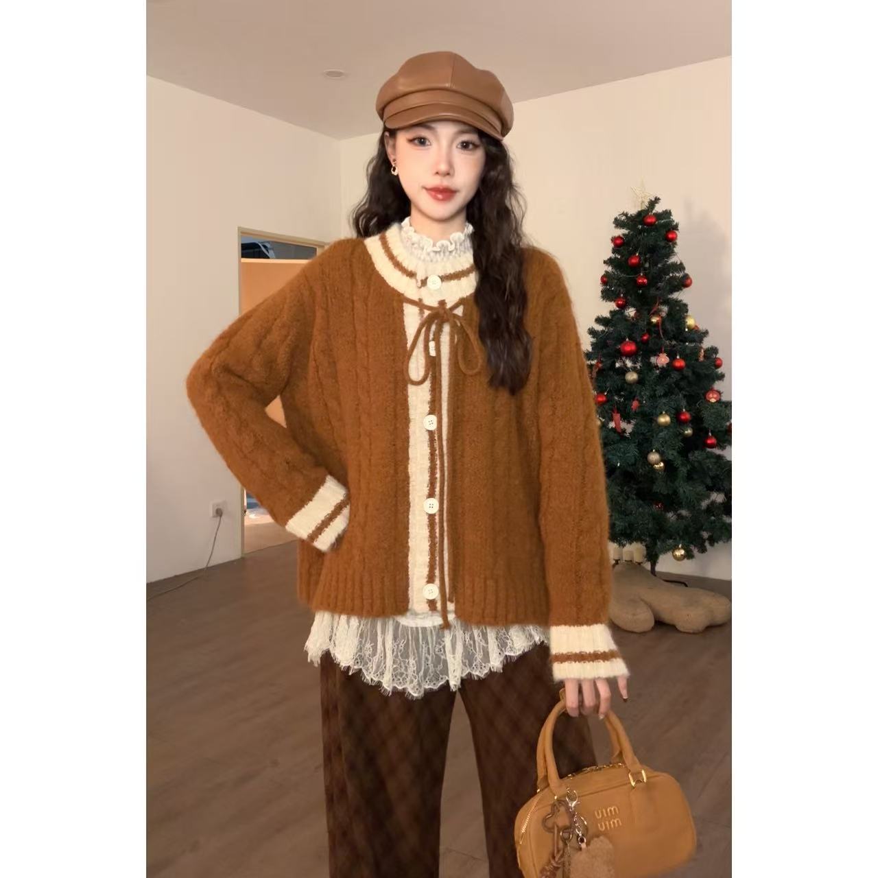 VGVL旻旻毛衣【暮然回首】秋冬慵懒风洋气撞色圆领毛衣开衫女50294