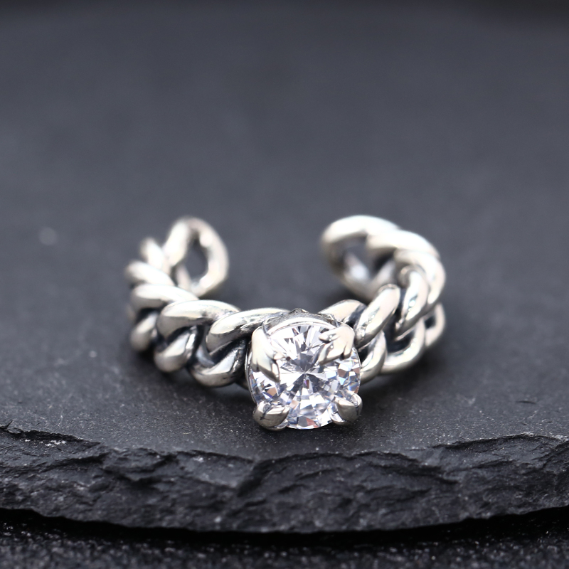 925银戒指 坦克链白钻古巴戒指 男女同款开口戒指