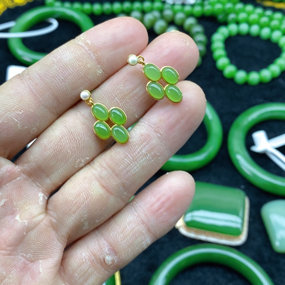 和田玉（碧玉）耳饰银S925镀金镶嵌