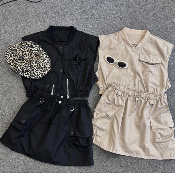 酷辣妹工装套装无袖短款马夹夏季工装半身裙两件套