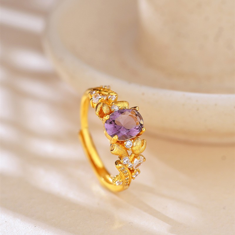 足银锆石戒指 新中式紫红色戒指宫廷风小众开口调节指环精致饰品