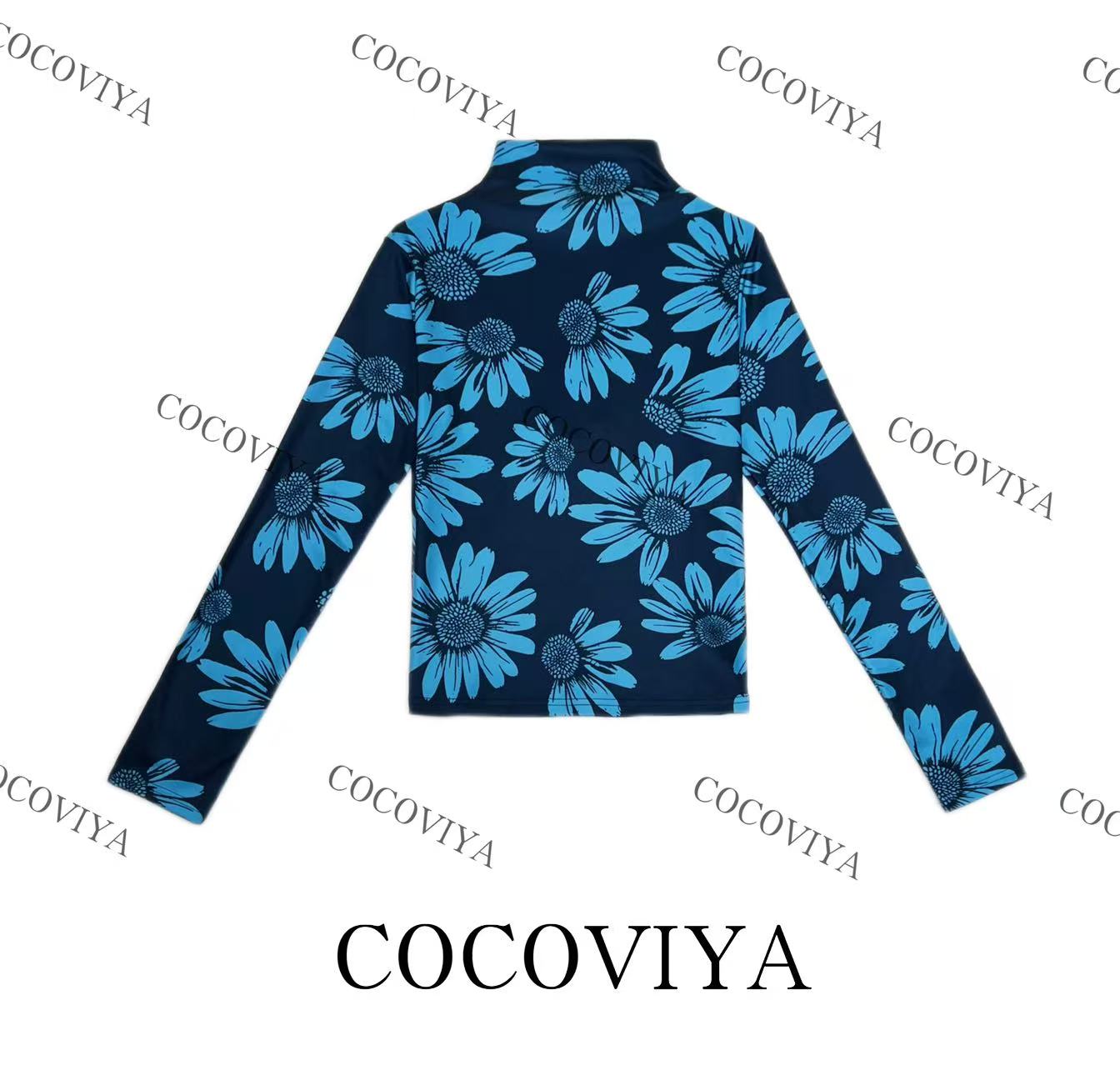 【CC】COCOVIYA浅蓝雏菊轻熟甜馨德绒长袖T恤时尚内搭上衣26C-1043