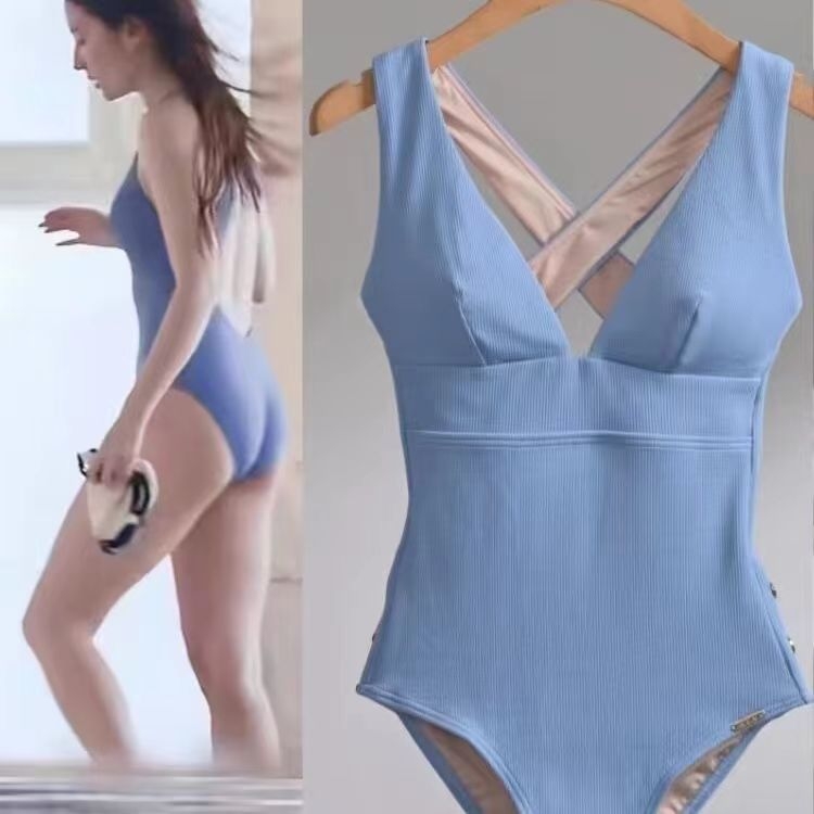 蓝色连体泳衣泳装吊带比基尼泳装显瘦网红性感气质露背百搭时尚 