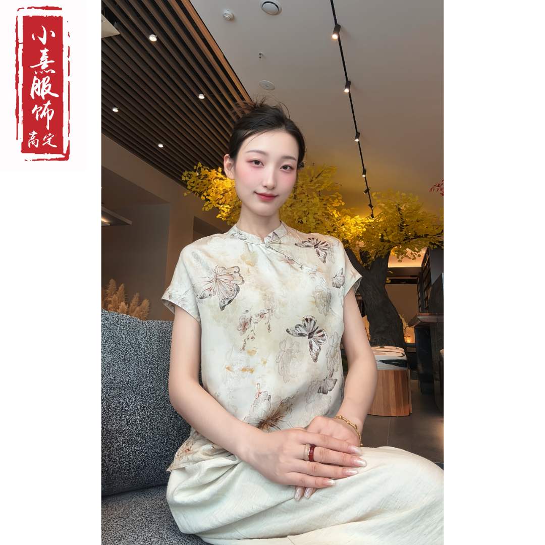 【沐蝶】夏季2025新款上衣小衫新中式女装国风立领提花人丝短袖衬衫