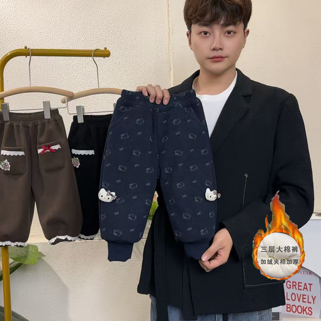 【三层棉裤】2025冬季加绒加厚棉裤新款女中小童洋气猫咪保暖长裤