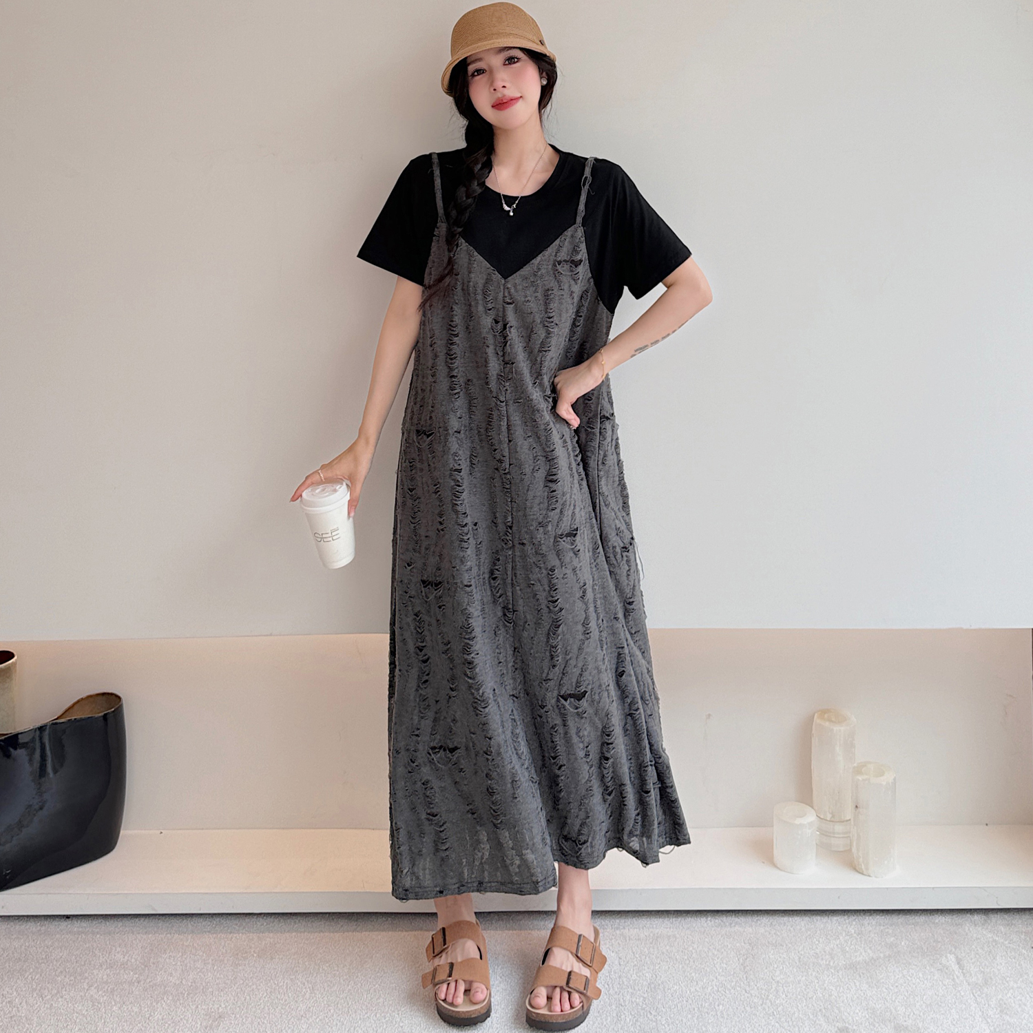 202夏新款/假两件吊带破洞复古连衣裙女灰色长款裙子