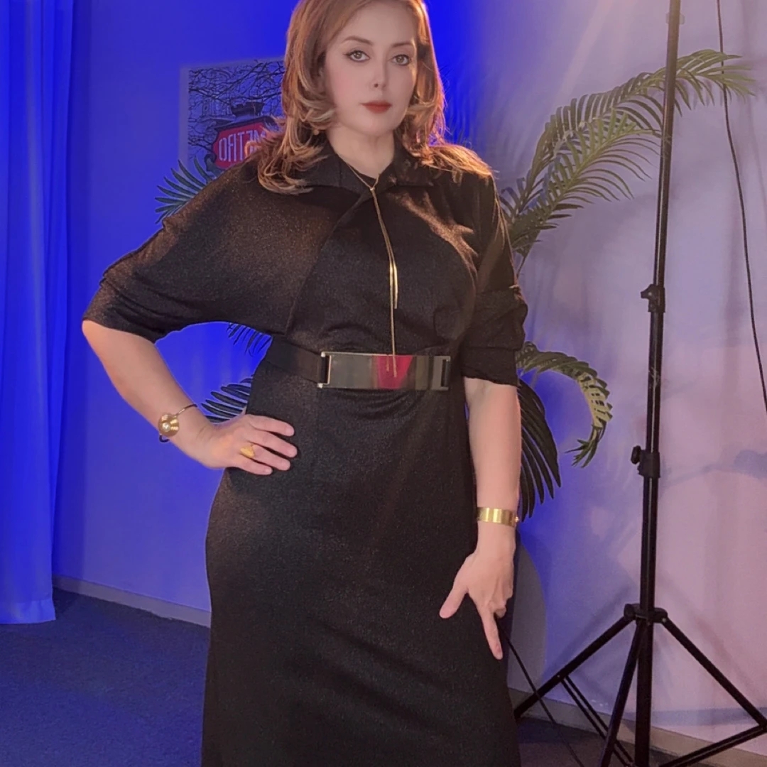 黑色显瘦时尚轻奢中长款带腰封设计连衣裙