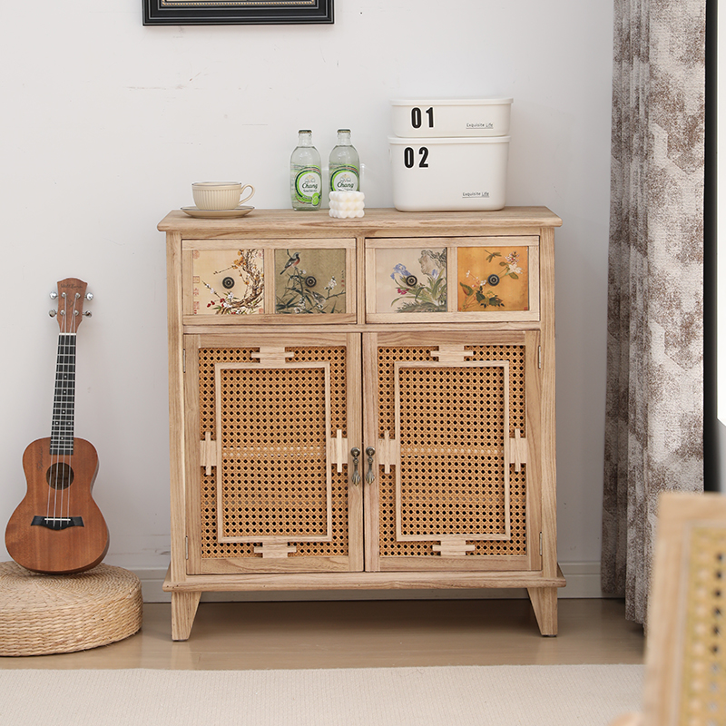 新中式实木餐边柜家用藤编斗柜茶水柜复古玄关柜客厅靠墙储物柜子