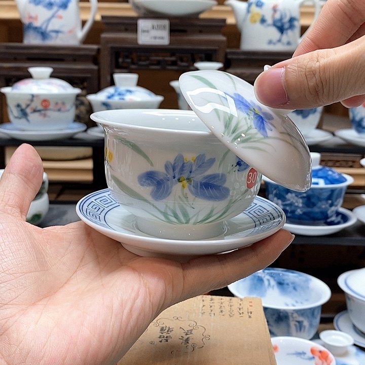 手绘蝴蝶兰盖碗160cc三才釉下彩微瑕福利款