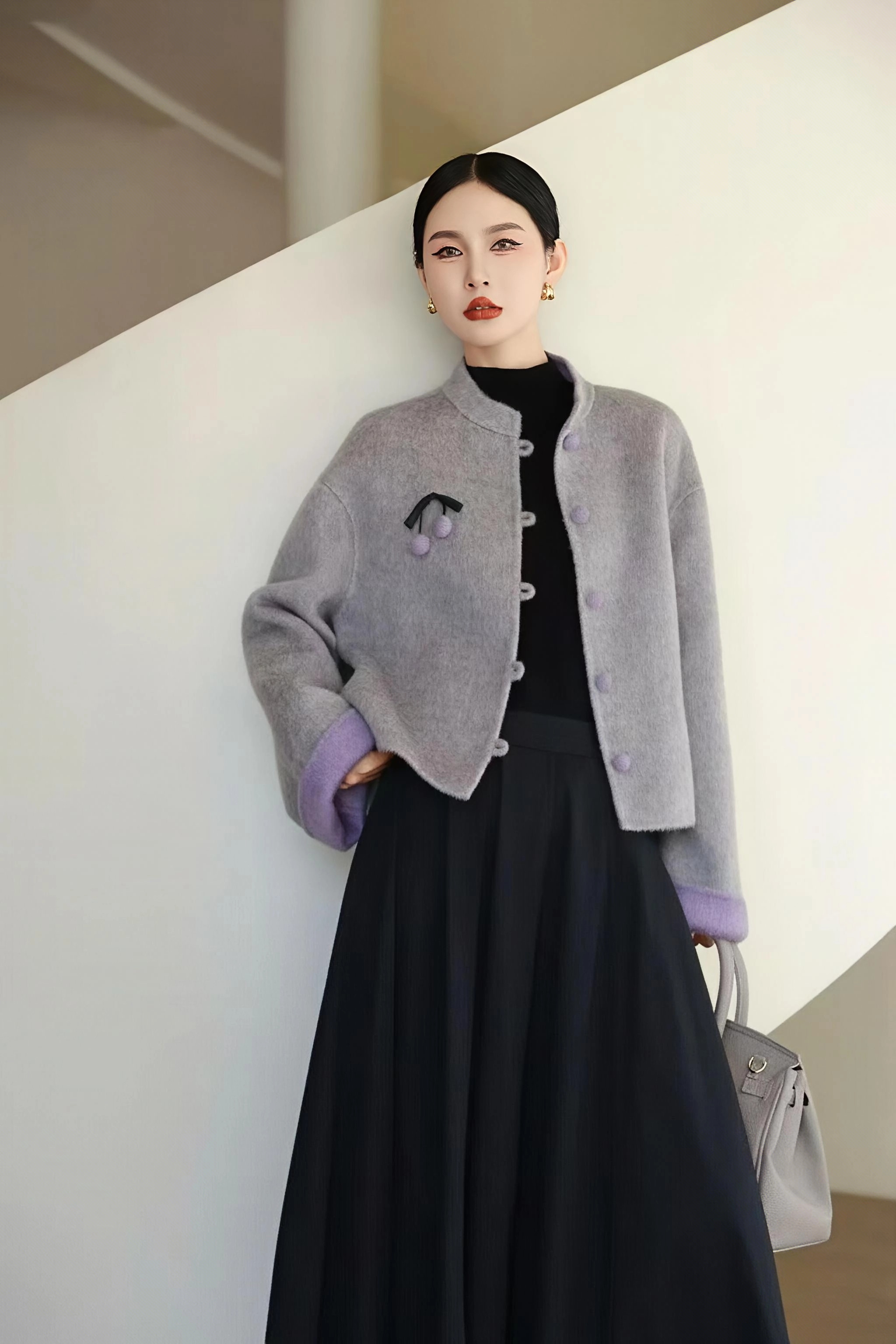 【萱萱精选】新中式短款撞色澳洲超细羊毛双面羊绒大衣9835（衣长53）