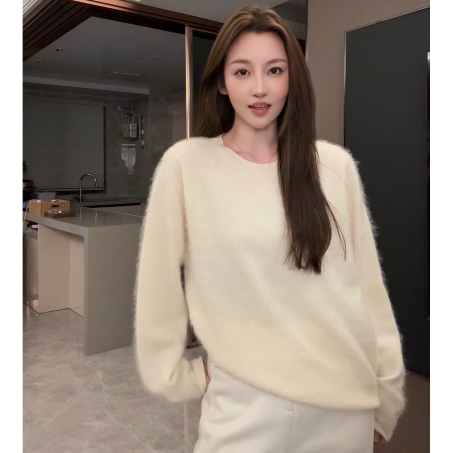 【希希 定制】2025冬季新款羊绒羊毛双面拉绒慵懒风极简圆领羊绒衫