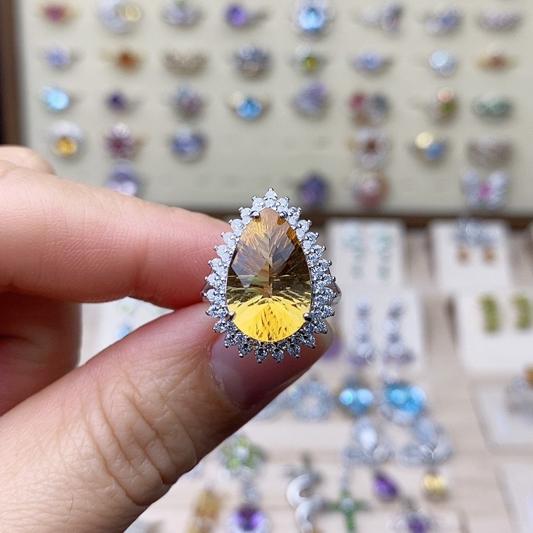 黄晶戒指银S925镶嵌一物一证