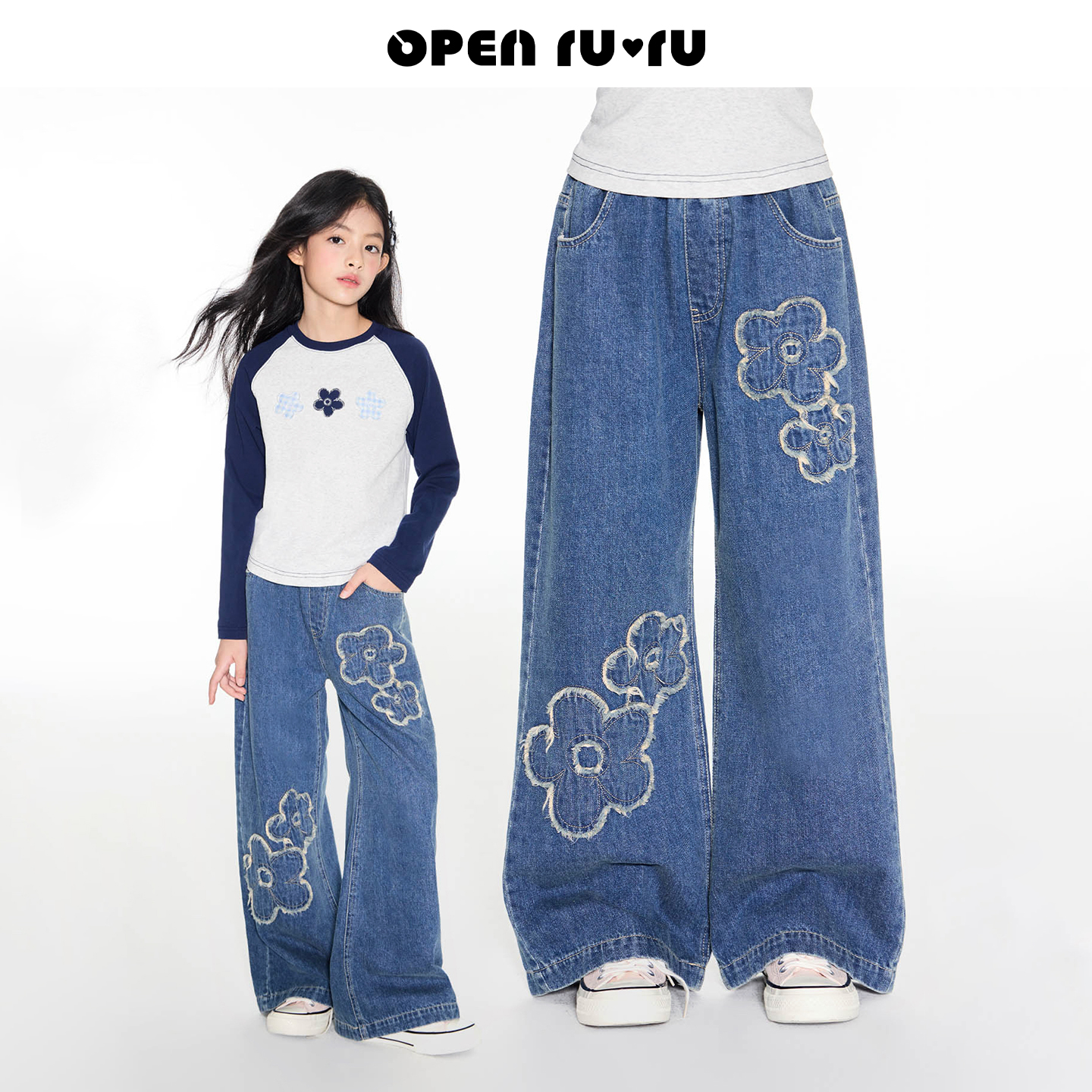 Opennunu女童花朵贴布绣阔腿牛仔裤秋季复古毛边休闲垂感长裤