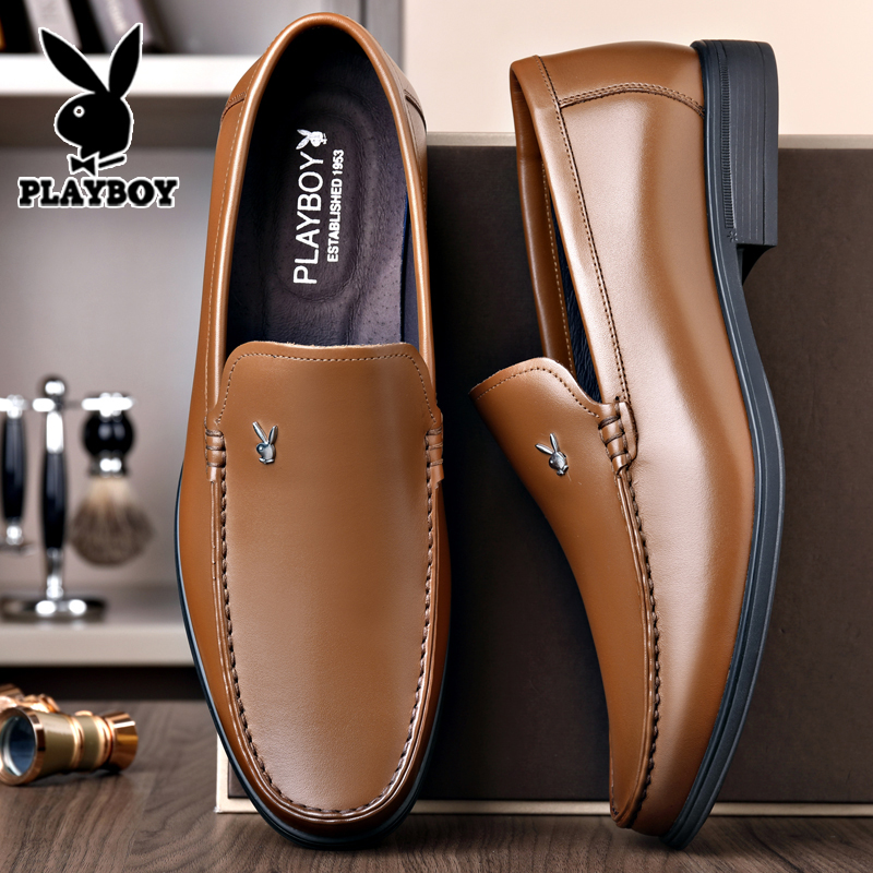 花花公子男士商务正装休闲皮鞋真皮棕色一脚蹬软底软面中年爸爸鞋