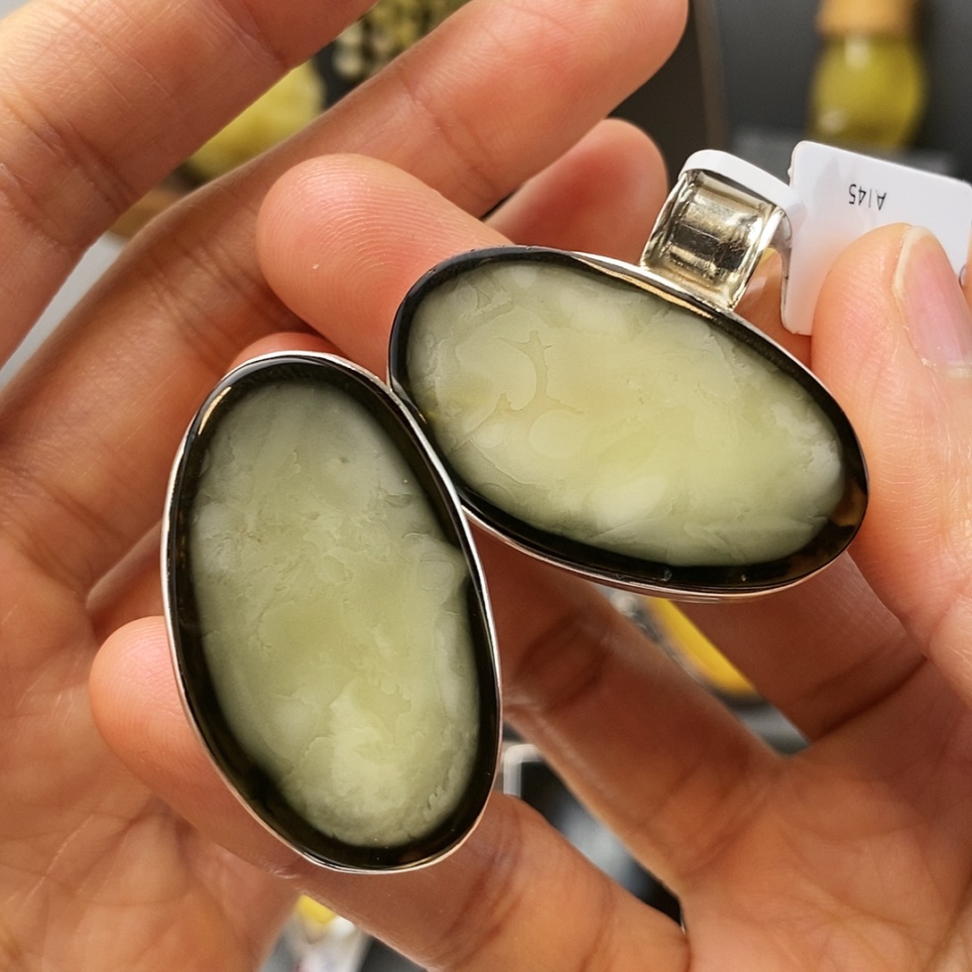 琥珀裸石银S925镶嵌戒指吊坠两件套