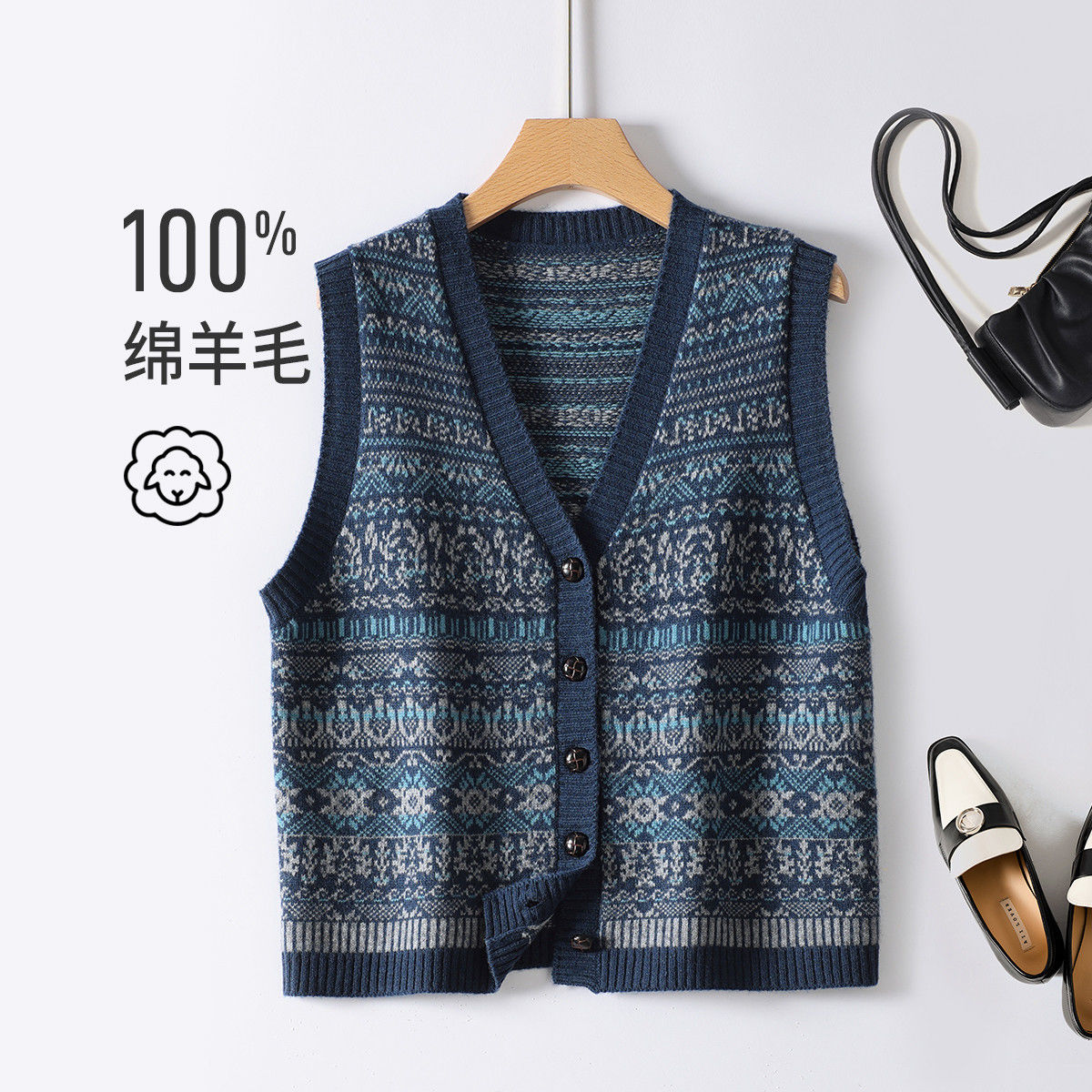 【赛兔】100%羊毛开衫女复古提花针织马甲外套202253006【专属】