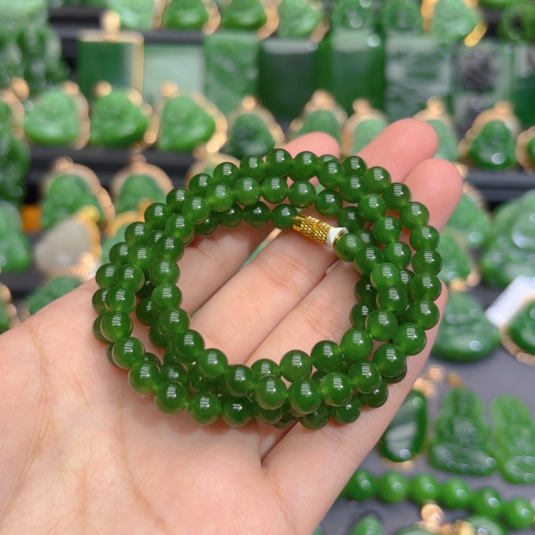 颈饰未镶嵌和田玉（碧玉）卡六阳绿多圈特价款