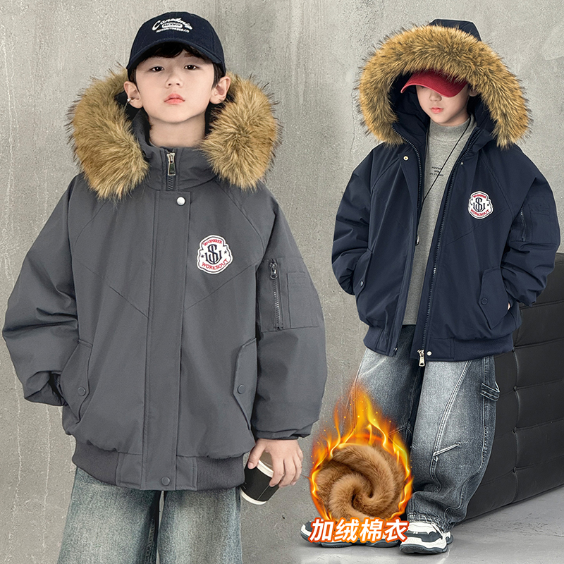 男童加绒派克服毛领外套2025新款儿童加厚棉衣中大童帅气保暖棉服