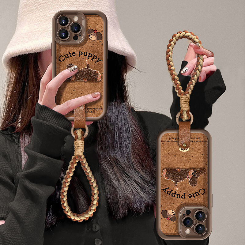 摆烂小狗适用苹果16promax华为vivo/oppo小米天眼羊皮支架手机壳