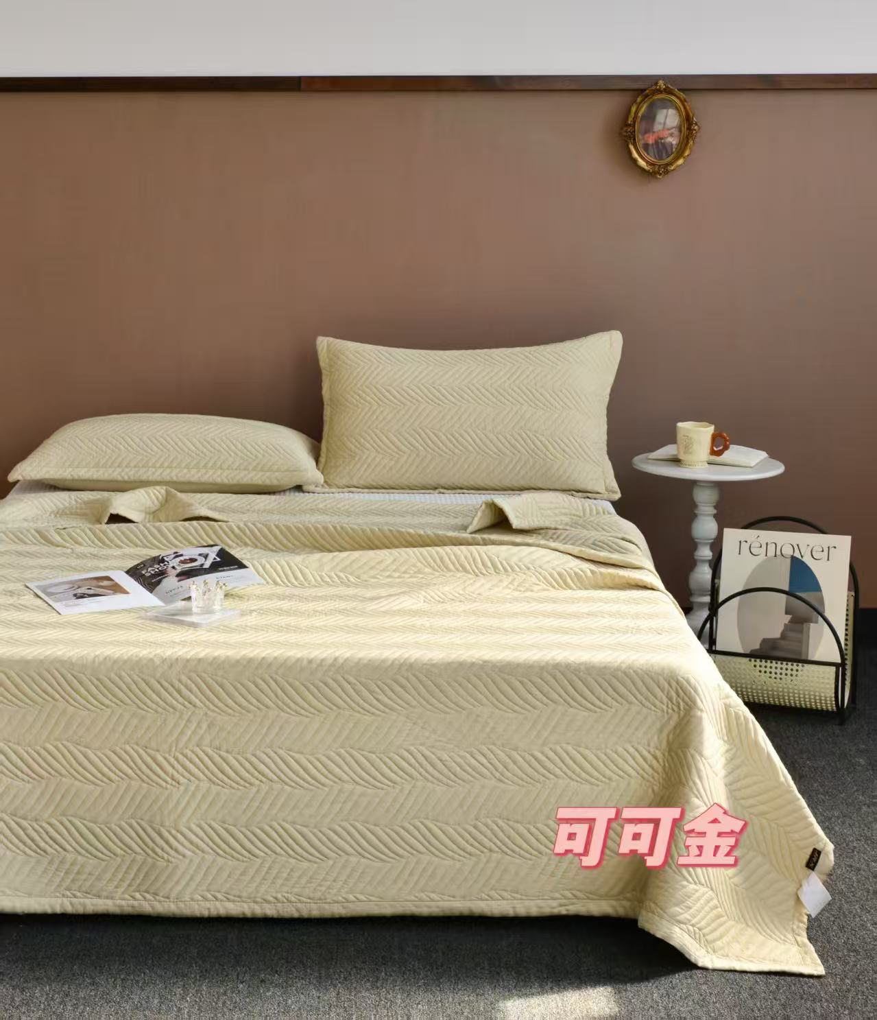 纯色双面水洗天丝床盖三件套尺寸230×250微瑕～可可金F001