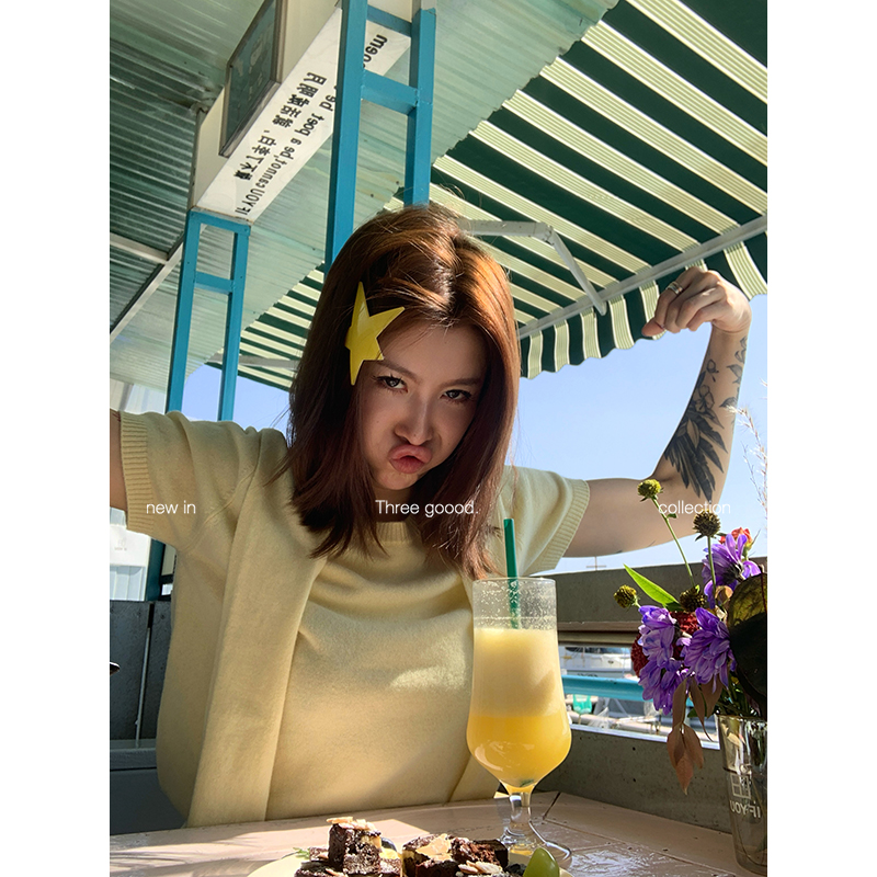 THREE GOOOD/三吉100绵羊毛披肩短袖针织T恤假两件上衣Y725Z17945