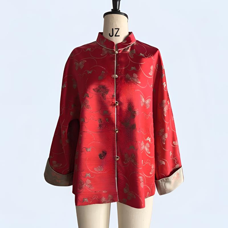 格格中国风复古提花对襟立领短款新中式上衣红色长袖G34AL021124