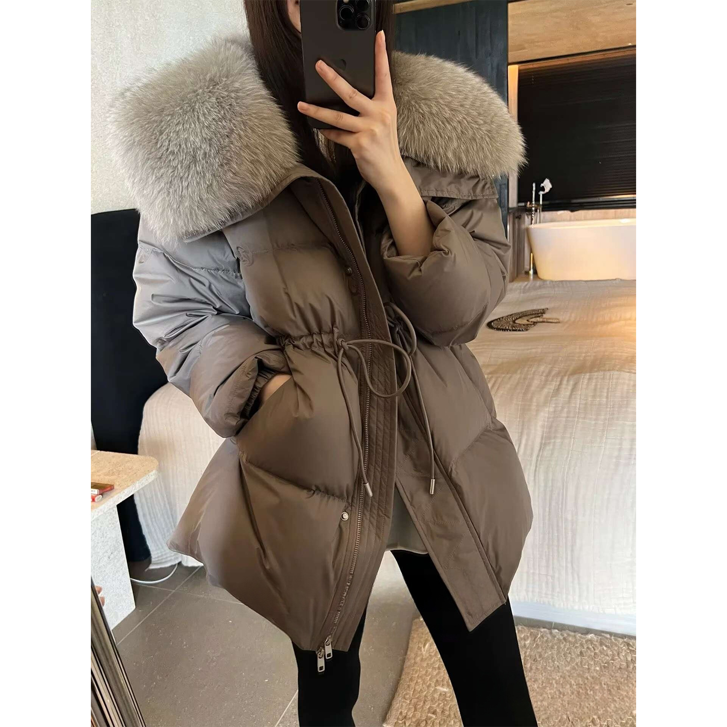 收腰羽绒服冬季中长款外套可白鸭绒拆卸真狐狸毛领新款韩版宽松