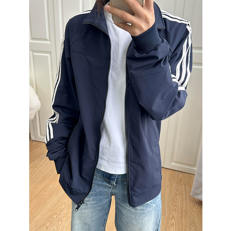 藏青色三条杠棒球服外套男款秋季cleanfit解构拼接条纹立领夹克