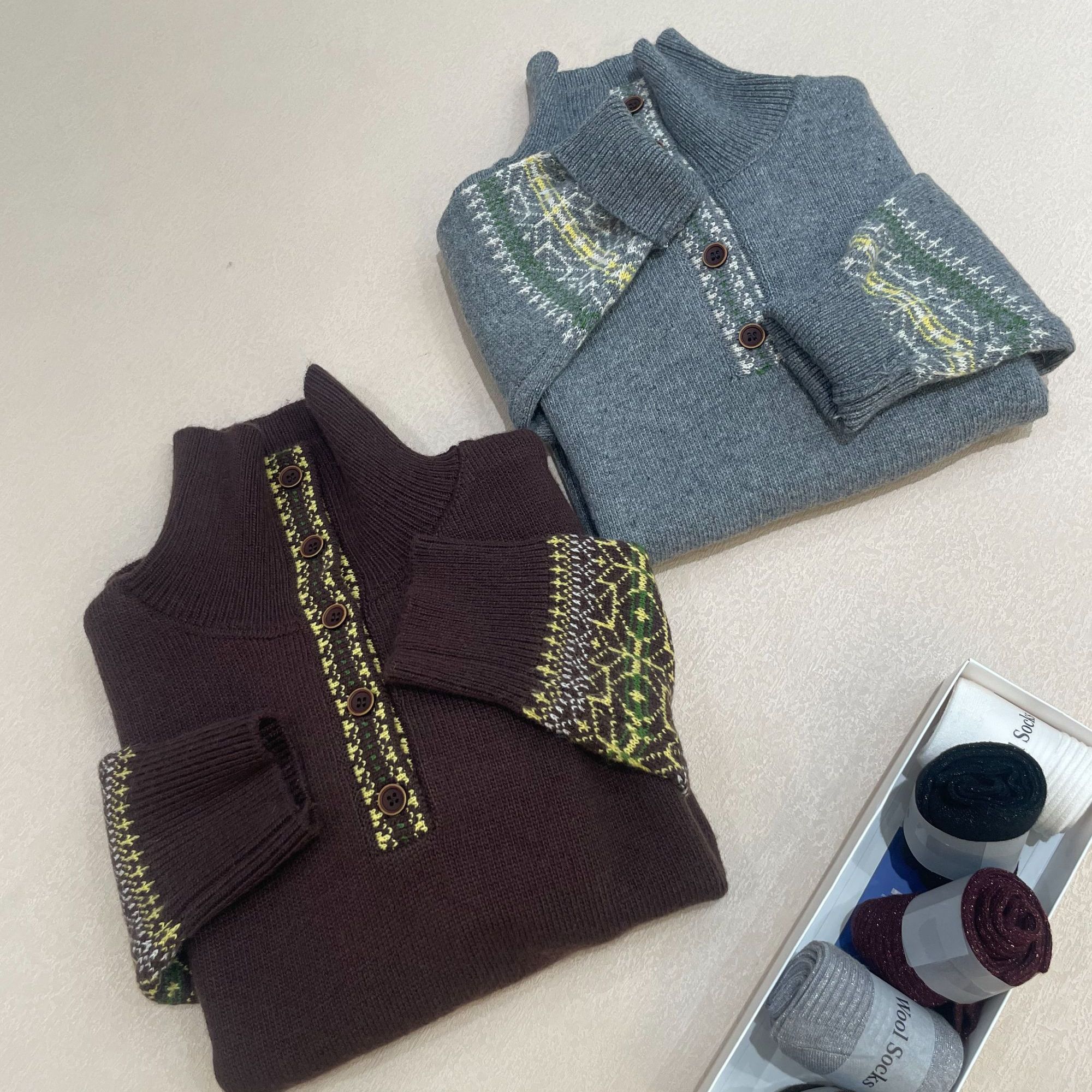 冬季复古费尔岛风高领拼色针织长袖厚款套头毛衣