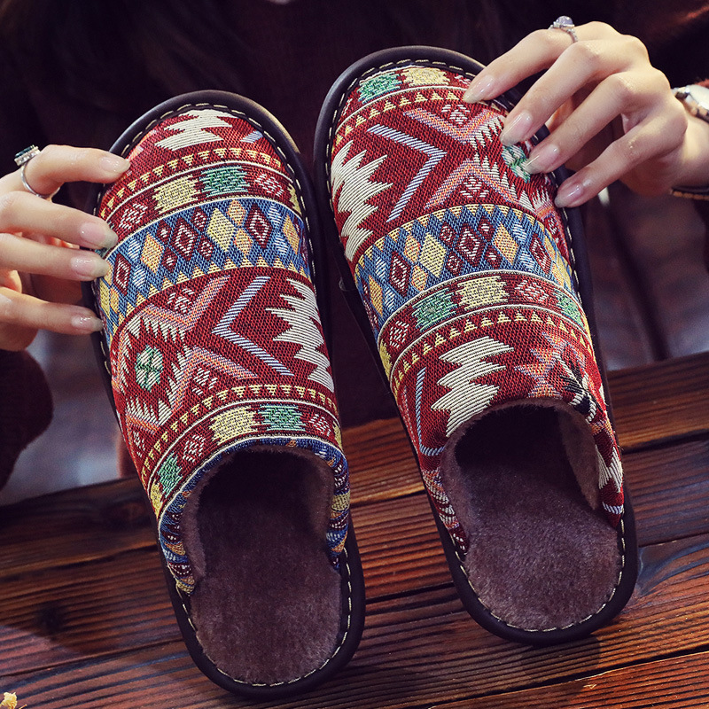 民族风国风复古风条纹居家秋冬男女室内木地板家居厚底防滑棉拖鞋